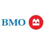 BMO bank logo with blue text and red icon for financial services.