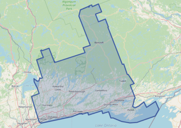 Map highlighting Toronto and nearby regions in Ontario, Canada.